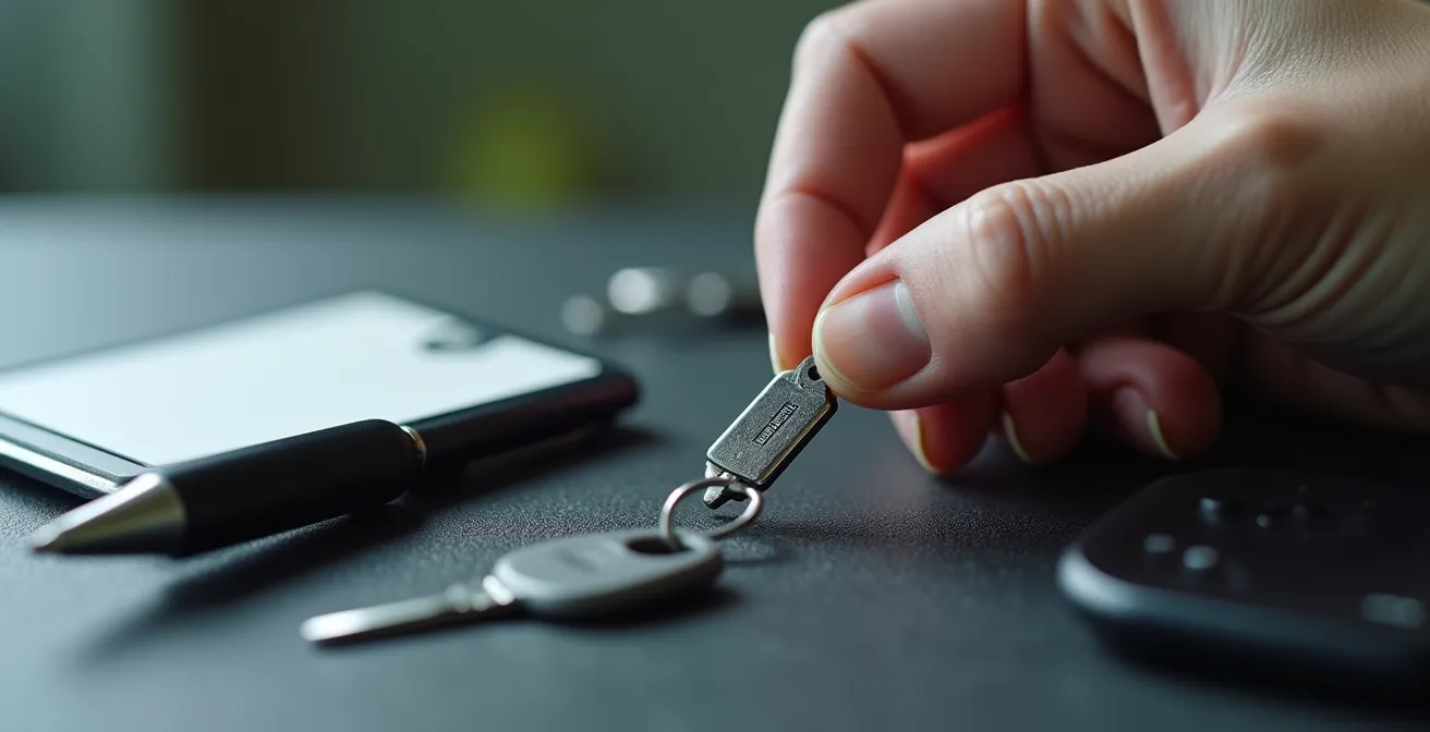 Vue macro d'une main manipulant des objets de bureau abstraits (badge, carte, stylo), absence totale de texte ou logo