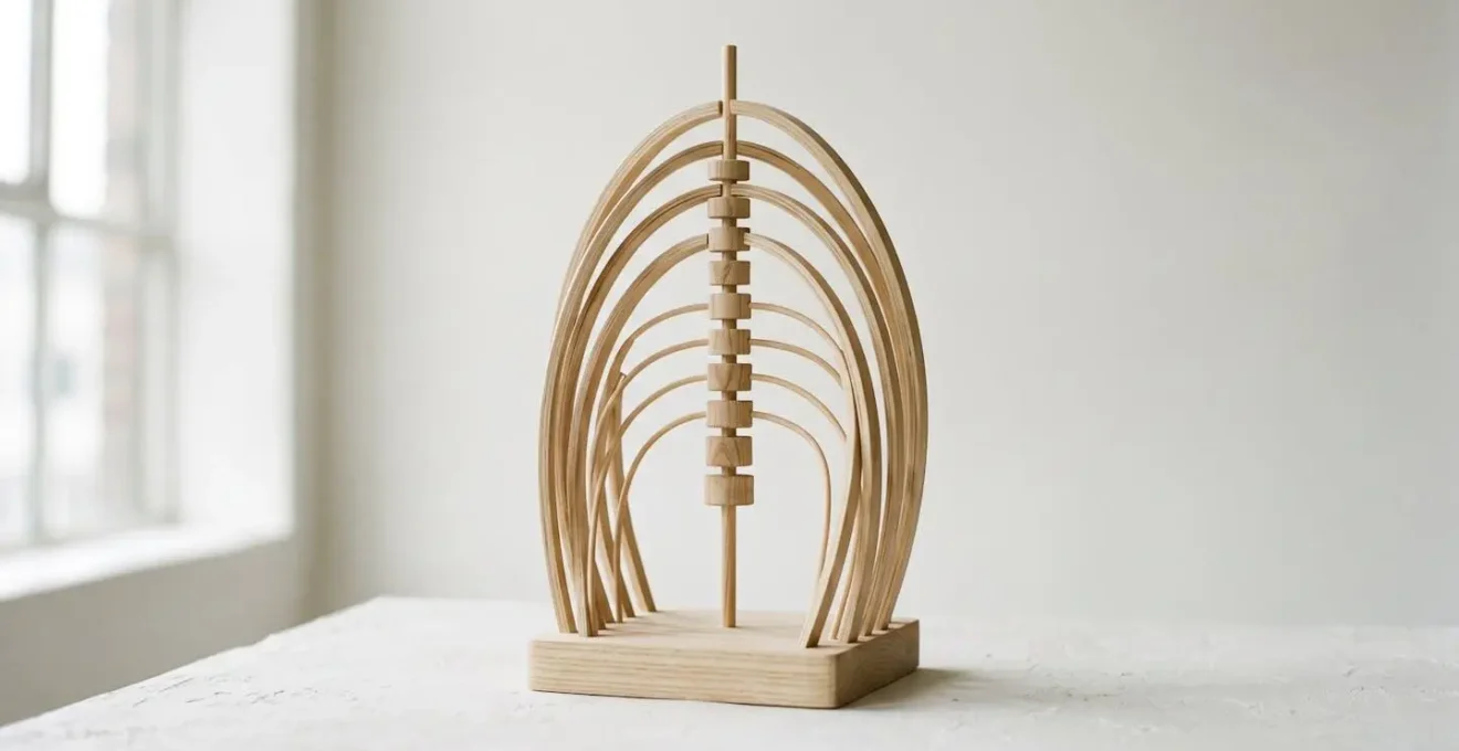 Arches en bois lamellé clair soutenant une structure verticale élancée sur fond blanc minimaliste, symbolisant le soutien de la colonne vertébrale