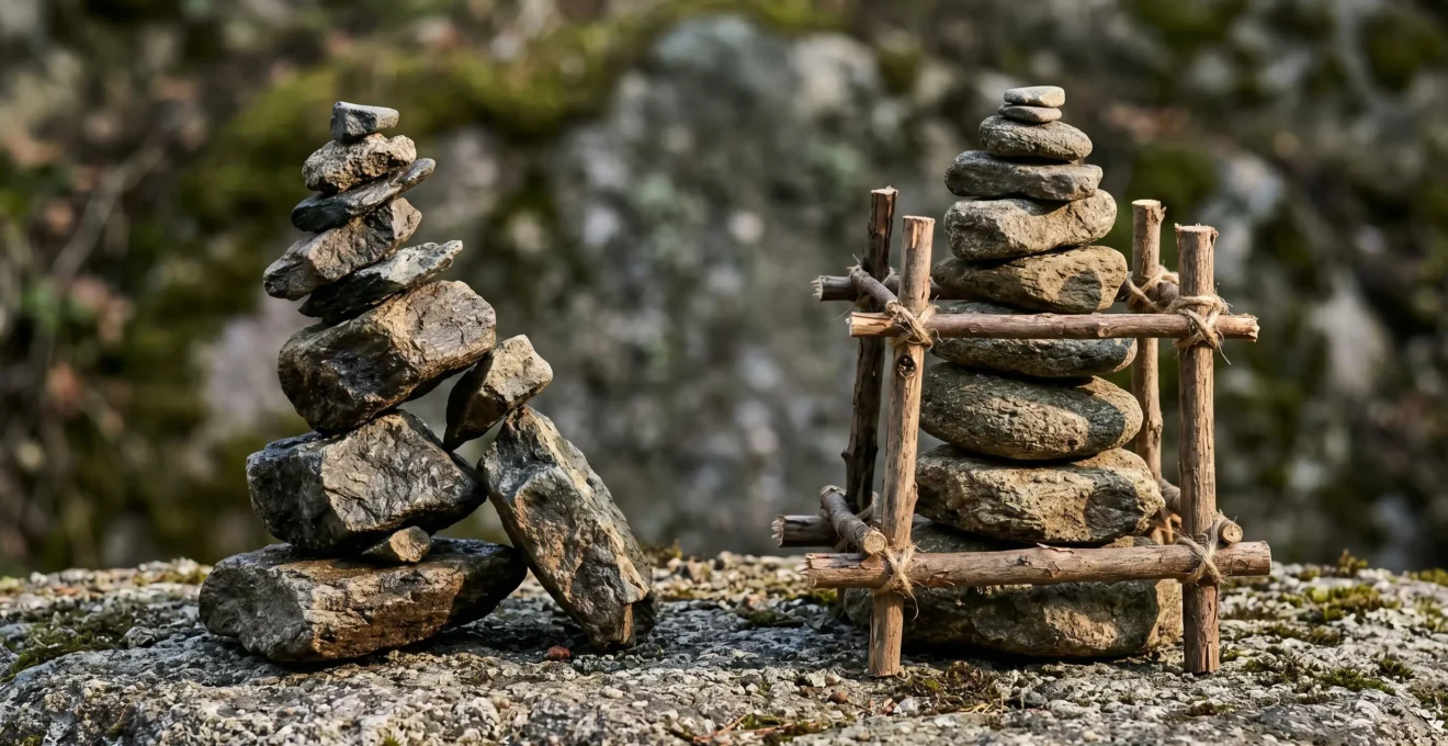 Deux empilements de galets côte à côte : pile instable penchée à gauche, pile stable soutenue par petite structure en bois à droite, sur fond gris neutre