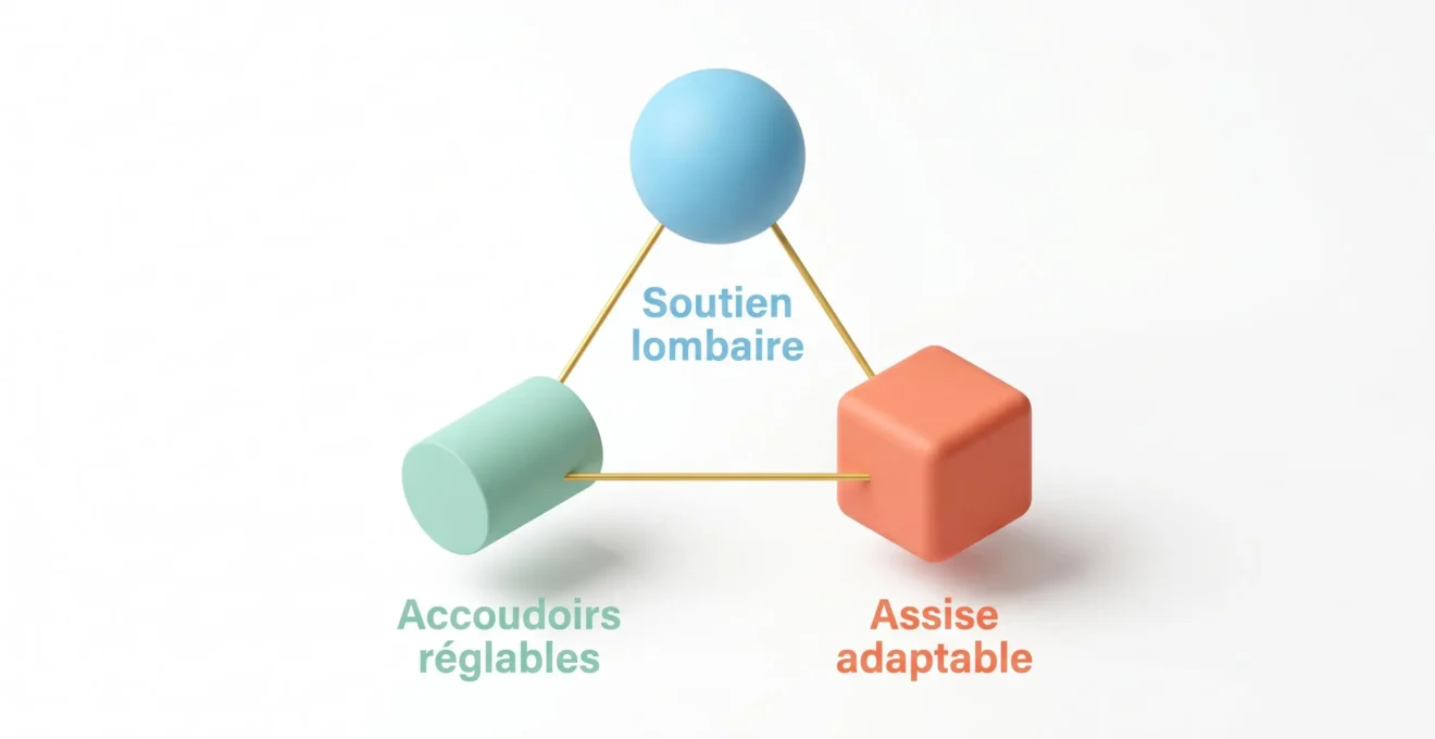Illustration 3D isométrique de trois formes géométriques colorées (sphère bleue, cylindre vert, cube corail) reliées par lignes dorées, avec labels en français : soutien lombaire, accoudoirs réglables, assise adaptable