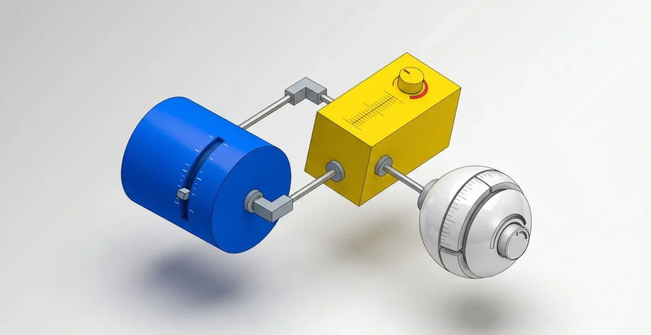 Illustration 3D isométrique de trois modules géométriques interconnectés (cylindre bleu, parallélépipède jaune, sphère blanche) avec curseurs de réglage visibles, en lévitation sur fond dégradé clair
