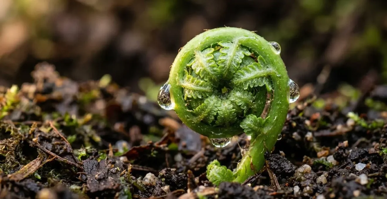 Macro photographie d'une jeune crosse de fougère verte en train de se déployer, émergeant de terre brune humide, avec gouttes de rosée, éclairée par lumière naturelle matinale