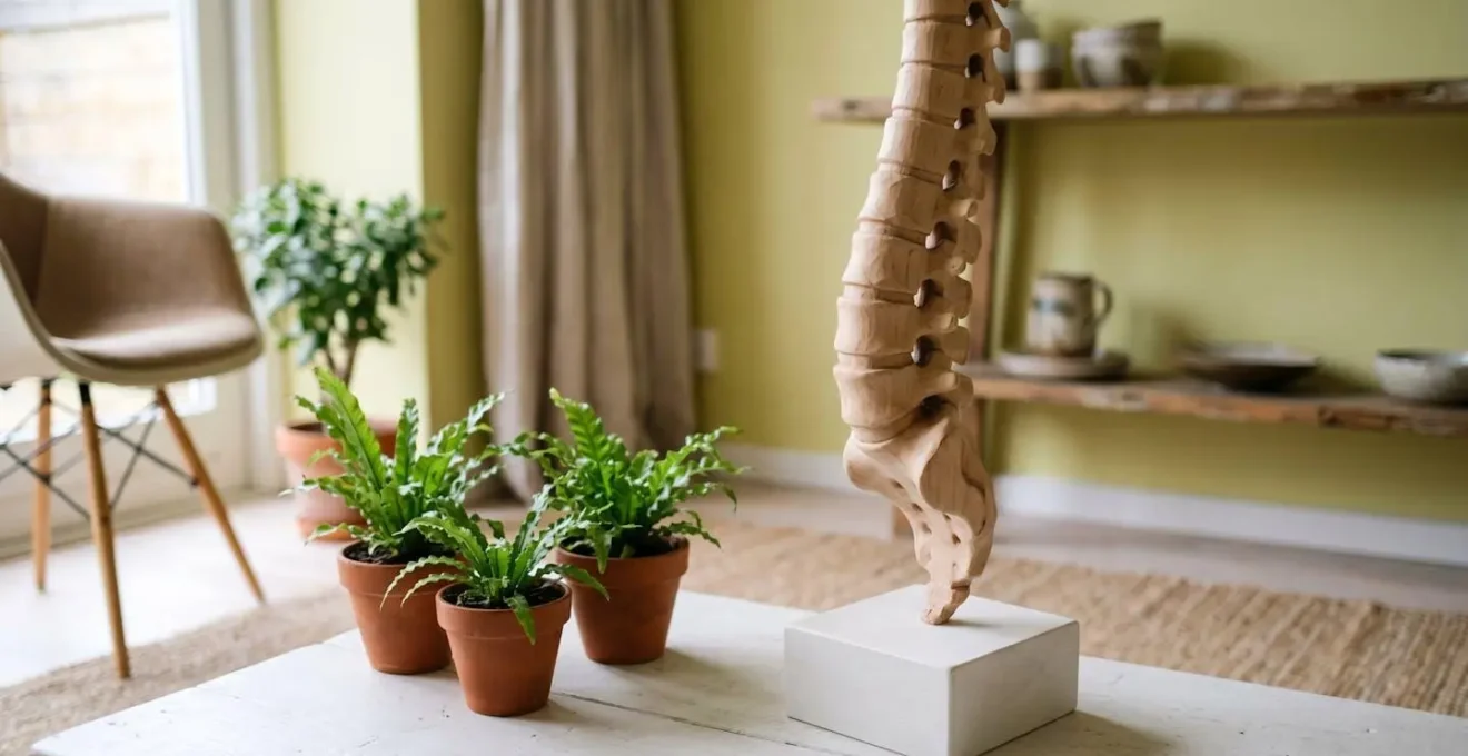 Sculpture minimaliste en bois clair représentant une colonne vertébrale avec sa courbure lombaire naturelle, posée sur socle blanc, entourée de fougères vertes, éclairée par lumière naturelle douce
